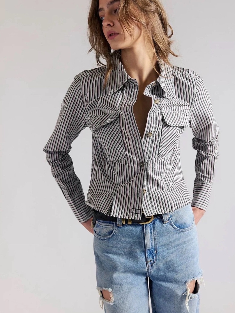 Free People Winnie Tailored Button Down Top SZ Small- Ice Blue Combo Stripe